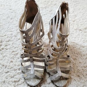 Coach And Four Silver/gold Shimmer Metallic Open-toe Lorelle 3.5 Heel Size 10 👠